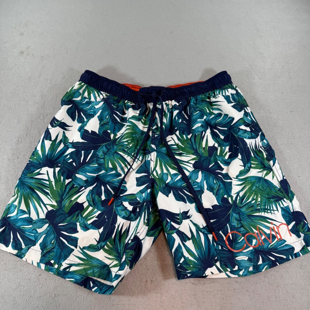 Calvin Klein Tropical Palm Print Swim Trunks Mens Large Green‎ Blue